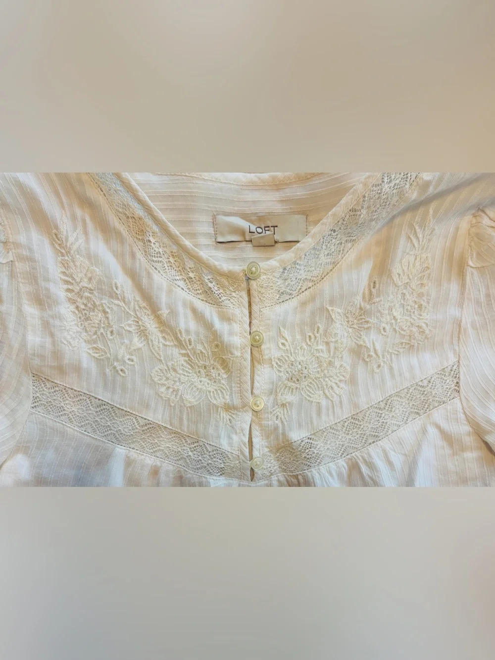 LOFT Embroidered Lace Puff Sleeve Blouse Ivory White Boho Lace Size Small S - Picture 3 of 6